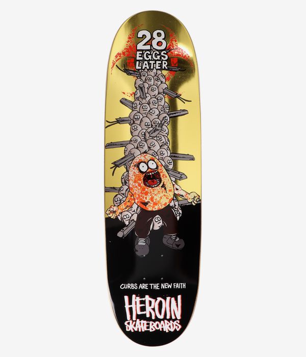 Heroin Skateboards 28 Eggs Later Skateboard Deck 9" full bottom view — gold background with bold black lower half, central orange cartoon character and stacked grey egg/skull faces, red '28 Eggs Later' text and 'Heroin Skateboards' logo. Clean Studio image; white background.