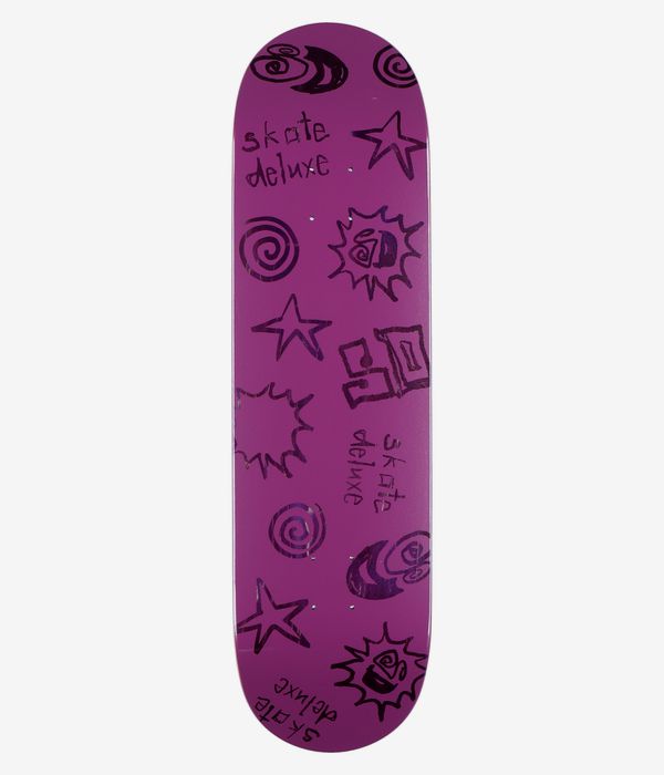 skatedeluxe Tonal Twin Tail 8.5" Skateboard Deck, full bottom view: solid purple deck with dark cartoon-style stars, spirals and sunburst motifs and hand-drawn “skate deluxe” text; clean studio image; white background