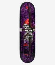 Powell-Peralta Doelling Archer Flight Shape 313 8" Skateboard Deck, full bottom view: deep purple deck with bold illustrated white skeleton archer in red hood holding brown bow and red-green arrow, black tree silhouettes and red “Zach Doelling” and Powell-Peralta text. Clean studio image; white background