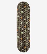 Bronze 56k Loose Change 8,25" Skateboard-Deck, Ansicht von unten: brauner, schlangenhautähnlicher Hintergrund mit verstreuten grünen und orangefarbenen Münzmotiven und schwarzen Schuppenakzenten, klares Studiobild; weißer Hintergrund