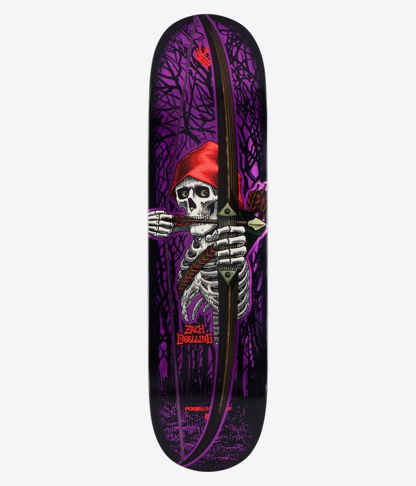 Powell-Peralta Doelling Archer Flight Shape 313 8" Skateboard Deck, full bottom view: deep purple deck with bold illustrated white skeleton archer in red hood holding brown bow and red-green arrow, black tree silhouettes and red “Zach Doelling” and Powell-Peralta text. Clean studio image; white background