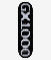 GX1000 OG Logo Blur 8.5" Skateboard Deck, full bottom view: black deck with large vertical blurred white/grey GX1000 wordmark centered; bold monochrome graphic on solid black. Clean Studio image; white background.