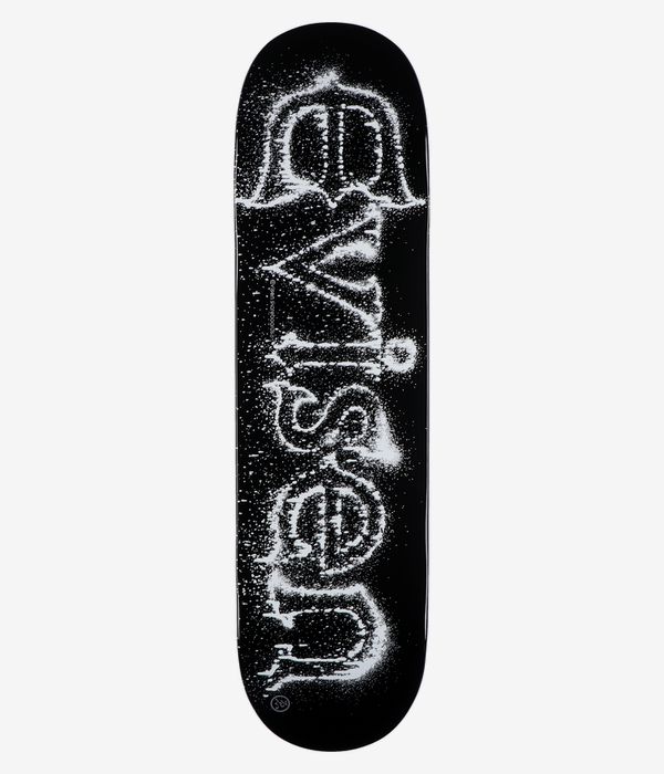 Planche de skateboard Evisen Drip Logo 4, 8,38 pouces, vue de dessous — planche noire avec, au centre, un motif abstrait vertical blanc moucheté représentant des coulures, ainsi qu'une petite inscription verticale blanche indiquant « Evisen Skateboards ». Image de studio nette ; fond blanc.
