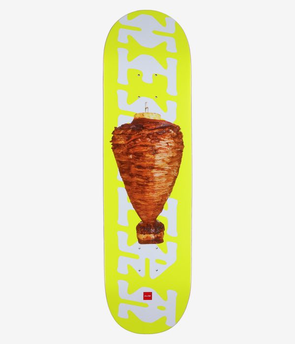 Planche de skateboard « Chocolate Herrera Trompo » de 8,5 pouces, vue de dessous complète — planche jaune fluo ornée d’un grand motif photoréaliste représentant une viande « trompo » dans des tons marron et dorés, de formes abstraites blanches et d’un petit carré rouge représentant le logo de la marque. Image studio nette ; fond blanc