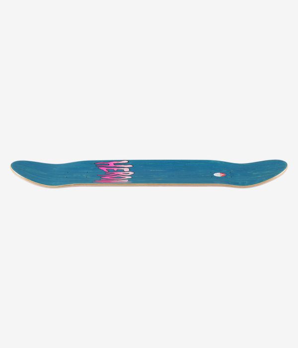 Heroin Skateboards Mini Egg Holographic 8.38" skateboard deck, full-length profile view showing concave with upturned nose and tail; teal/blue painted top, small pink graphic left, white circular logo right, exposed wood edge. Clean Studio image; white background.