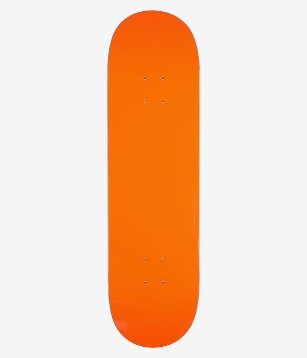 Planche de skateboard « Fucking Awesome Berle Embossed Photo Shape #2 » de 8,5 pouces — vue complète du dessous, face inférieure orange vif unie avec trous de fixation visibles ; image nette prise en studio ; fond blanc.