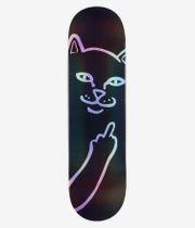 Planche de skateboard RIPNDIP Lord Nermal 8,5 pouces, vue de dessous complète : planche noire ornée, au centre, d’un grand contour irisé de style bande dessinée représentant un visage de chat et un bras faisant un doigt d’honneur. Image studio nette ; fond blanc.