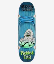 Heroin Skateboards Pickled Egg 9.38" Skateboard Deck, full bottom view: bright blue stained wood-grain deck with central cartoon graphic of a white egg character in a mason jar with green liquid, 'Heroin Skateboards' logo above and 'Pickled Egg' text below. Clean Studio image; white background.