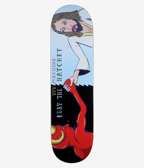 Planche de skateboard symétrique Toy Machine « Bury The Hatchet » de 8,5 pouces, vue de dessous : face inférieure noire de la planche ornée d'un diable rouge à cornes illustré tendant la main pour serrer celle d'un humain vêtu d'une robe ; les inscriptions « TOY MACHINE » et « BURY THE HATCHET » sont visibles. Image studio nette ; fond blanc.