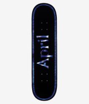 April OG Logo Twin 8.25" Skateboard Deck, full bottom view: solid black underside with vertical blue-and-white brushed April wordmark centered and iridescent blue edge border. Clean studio image; white background.