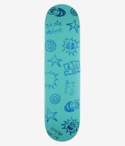 Planche de skateboard skatedeluxe Tonal Twin Tail 8,125", vue de dessous : face inférieure turquoise vif parsemée de gribouillis de style bande dessinée bleu foncé (étoiles, spirales, rayons de soleil) et du texte « Skate Deluxe » écrit à la main. Image studio nette ; fond blanc.