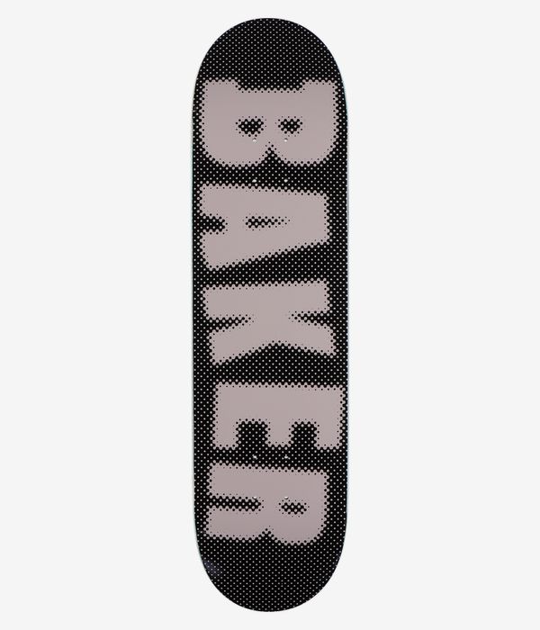 Deska do deskorolki Baker Spanky Brand Logo Dots o długości 8,25" — widok z dołu: czarna deska z białym tłem w kropki w technice półtonowej oraz dużymi, wyblakłymi różowymi literami ułożonymi jedna nad drugą, tworzącymi napis „SPANKY”. Wyraźne zdjęcie studyjne; białe tło.