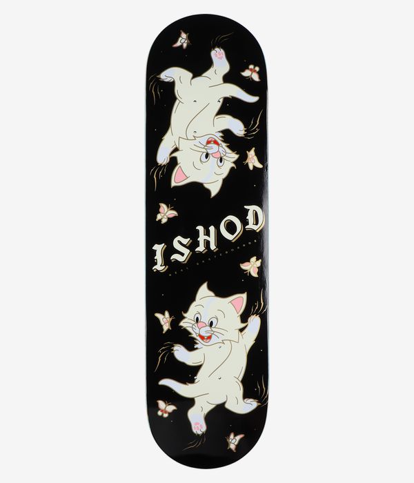 Tavola da skateboard Real Ishod Kitten Scratch Twin Tail da 8,5" — vista completa dal basso: tavola completamente nera con due gatti da cartone animato color crema/bianco (uno capovolto), dettagli rosa sulle zampe e sul muso, contorni beige/oro, piccole farfalle e le scritte in stile gotico "ISHOD" e "REAL SKATEBOARDS". Immagine pulita da studio; sfondo bianco.