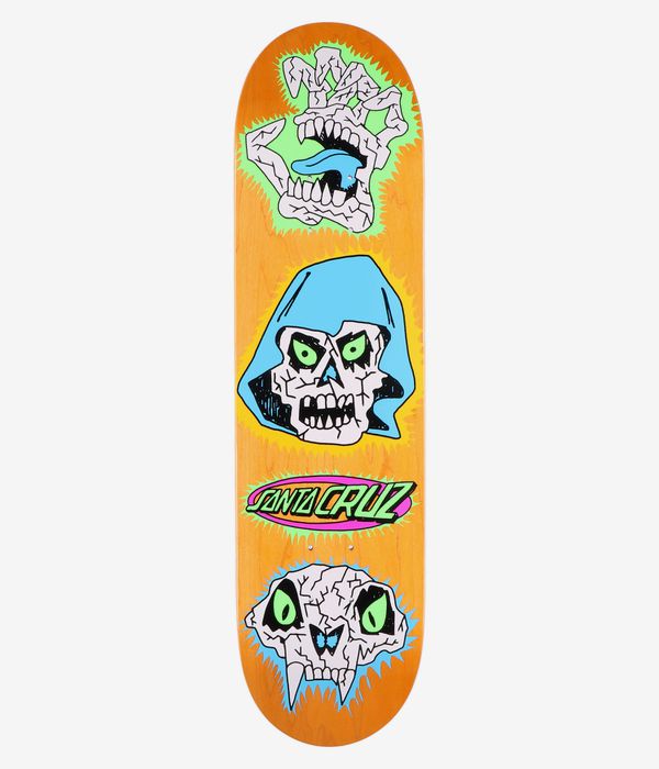 Santa Cruz Scribble Head FeelBase 7,75" Skateboard-Deck, Ansicht von unten – beiger Hintergrund in Holzoptik mit auffälligen Comic-Totenköpfen und Hand-Grafiken in Blau, Neongrün und Schwarz; ovales „Santa Cruz“-Logo in der Mitte. Sauberes Studiobild; weißer Hintergrund.