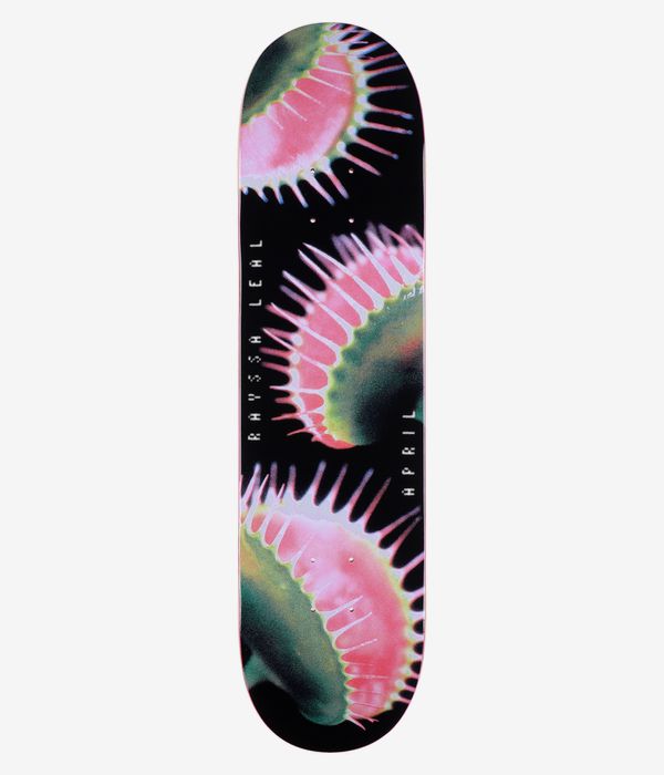 Planche de skateboard Rayssa Leal « April » de 8 pouces, vue de dessous — planche noire ornée de motifs illustrés audacieux représentant des pétales en dégradé rose et vert, avec des reflets blancs et un texte vertical blanc indiquant « RAYS SA LEAL » et « APRIL ». Image studio épurée ; fond blanc.