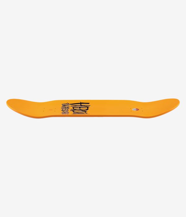 Heroin Skateboards Hills Have Eggs 9.5" Skateboard Deck, full-length profile view showing concave with upturned nose and tail; bright orange deck surface with central black graphic and small white sticker near tail. Clean Studio image; white background.