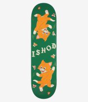 Real Ishod Kitten Scratch Twin Tail Slick 8,3-Zoll-Skateboard-Deck, Ansicht von unten: einfarbig grünes Deck mit verspielten orangefarbenen Cartoon-Katzen, rosa Schmetterlingen und cremefarbenem „Ishod“-Schriftzug; klares Studiobild; weißer Hintergrund.