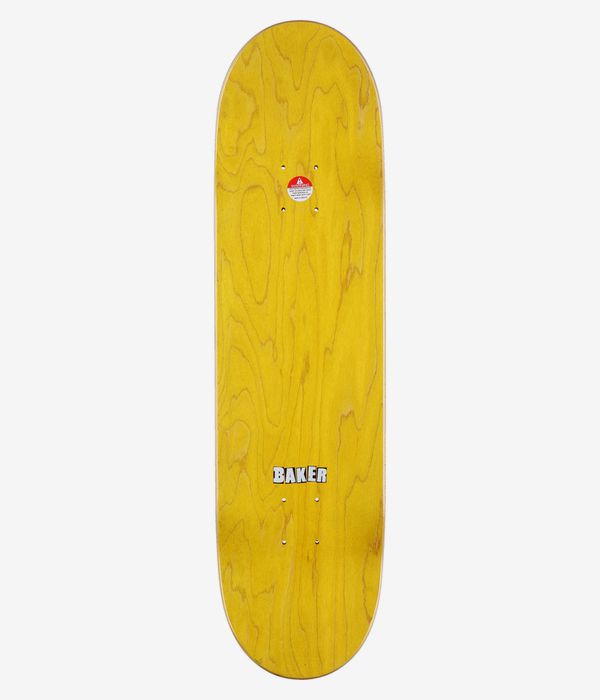 Baker Baca Brand Logo Desert Strom 8,475" Skateboard-Deck, Ansicht von oben: gelb gebeiztes Deck in Holzoptik mit kleinem, mittig angeordnetem, weißem „Baker“-Schriftzug mit schwarzem Umriss. Klares Studiobild; weißer Hintergrund.