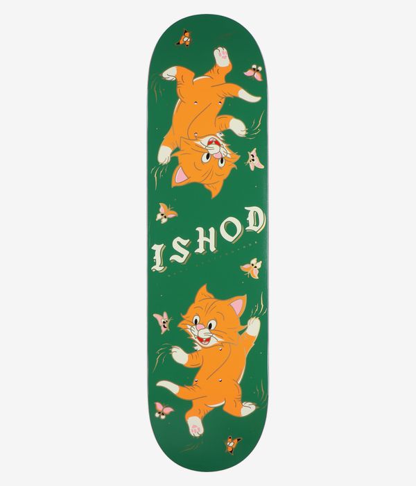 Real Ishod Kitten Scratch Twin Tail Slick 8,3-Zoll-Skateboard-Deck, Ansicht von unten: einfarbig grünes Deck mit verspielten orangefarbenen Cartoon-Katzen, rosa Schmetterlingen und cremefarbenem „Ishod“-Schriftzug; klares Studiobild; weißer Hintergrund.