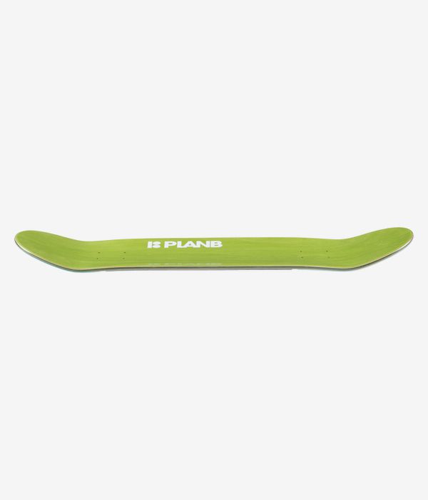 Plan B Joslin Grizz Twintip 8" skateboard deck in lime green, full-length profile view showing concave with upturned nose and tail; small white PLANB text visible on deck. Clean studio image; white background.