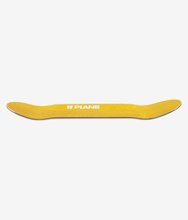 Plan B McKay Cola 8,25"-Skateboard-Deck, Profilansicht in voller Länge, die die Konkavität mit nach oben gebogener Nose und Tail zeigt; einfarbiges, leuchtend gelbes Deck mit zentriertem weißem Plan B-Logo. Klares Studiobild; weißer Hintergrund.