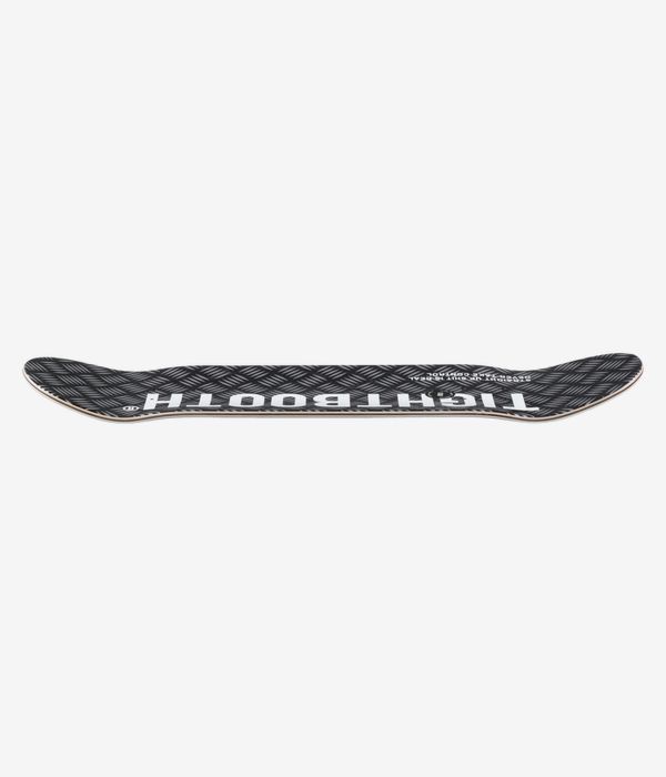Tightbooth CP-Logo: 8,38" Skateboard-Deck, Profilansicht in voller Länge mit Concave, Nose und Tail; überwiegend schwarze Deckoberfläche mit großem weißem Logo-Schriftzug und sichtbarer weißer Seitenlage. Klares Studiofoto; weißer Hintergrund.