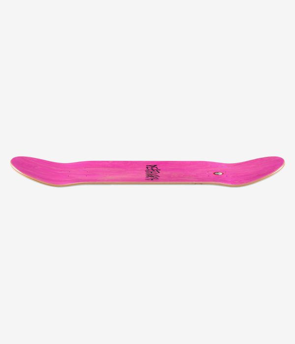 Planche de skateboard Deathwish Foy Primal Twin 8,5 pouces — vue de profil sur toute la longueur montrant le concave, le nose et le tail ; surface de la planche d'un rose vif uni avec un fin bord en bois naturel apparent. Image studio épurée ; fond blanc.