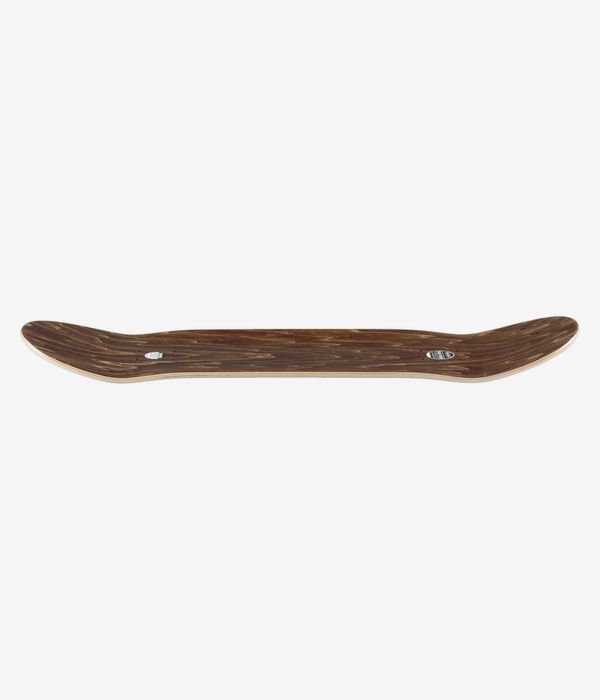 Passport Eetu Canoe 8,375" Skateboard-Deck, Profilansicht in voller Länge, die die Konkavität mit nach oben gebogener Nose und Tail zeigt; Oberfläche in natürlichem Holzbraun mit beigen Sperrholzkanten und kleinem schwarzem Logo; Bild von Clean Studio; weißer Hintergrund