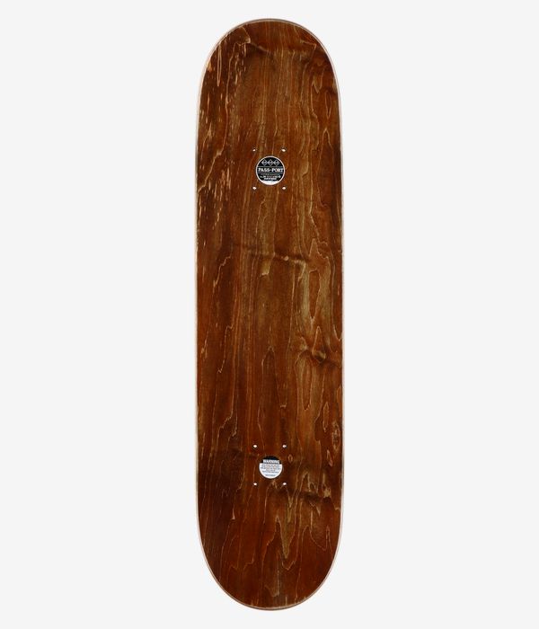 Passport Callum Pink Heath 8,25"-Skateboard-Deck, Vollansicht von oben – braun gebeiztes Deck in Holzoptik mit zwei kleinen weißen Hersteller-/Prüfaufklebern, darunter der Schriftzug „Passport“; sauberes Studiofoto; weißer Hintergrund