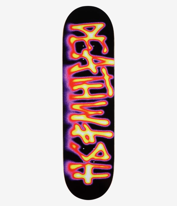 Deathwish Heat 8,25"-Skateboard-Deck – Ansicht von unten, die das schwarze Deck mit einer auffälligen, flächendeckenden Pop-Art-Heatmap-Grafik zeigt: vertikal herabtropfende Formen mit leuchtend gelben Zentren und roten, orangefarbenen und violetten Lichtkränzen. Sauberes Studiobild; weißer Hintergrund.