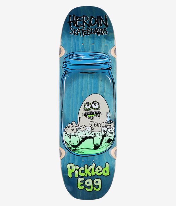Heroin Skateboards Pickled Egg 9.38" Skateboard Deck, full bottom view: bright blue stained wood-grain deck with central cartoon graphic of a white egg character in a mason jar with green liquid, 'Heroin Skateboards' logo above and 'Pickled Egg' text below. Clean Studio image; white background.
