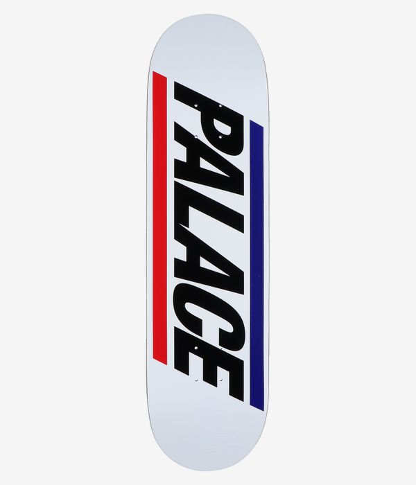 PALACE Basically A Board 8.25" Skateboard Deck, full bottom view: white deck underside with large vertical black PALACE wordmark centered between a red vertical stripe at left and a blue stripe at right. Clean Studio image; white background.
