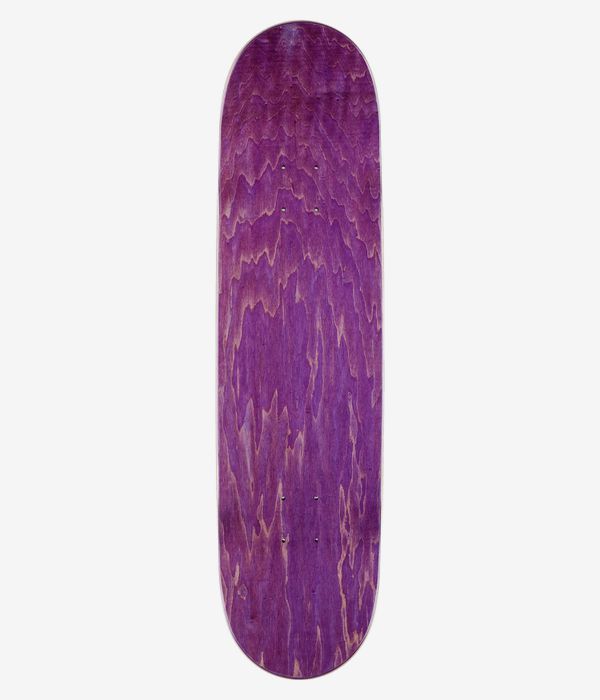 Jart Stay High Love Weed 8,25"-Skateboard-Deck, Ansicht von oben: violett gebeizte Holzmaserung mit sichtbaren natürlichen Holztönen und Befestigungslöchern; keine aufgedruckten Grafiken. Klares Studiobild; weißer Hintergrund.