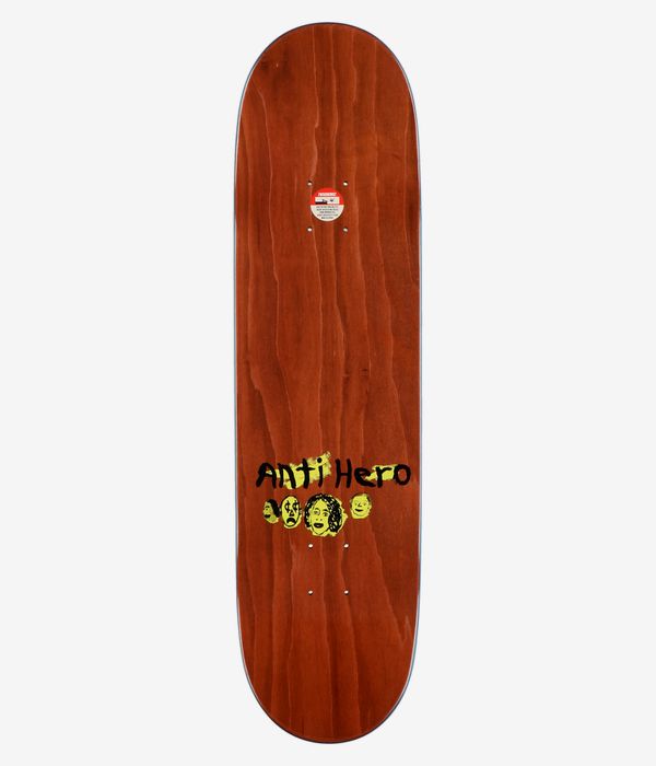 Planche de skateboard Anti Hero Grant Expressions 8,5 pouces, vue de dessus complète : planche au grain de bois teinté marron, arborant au centre le logo Anti Hero illustré ainsi qu'une rangée de visages jaunes soulignés de noir, rehaussés de petites touches de vert. Image studio nette ; fond blanc.