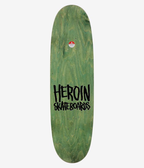 Heroin Skateboards 28 Eggs Later 9" Skateboard Deck, full top view: green-stained wood grain surface with centered large black hand-lettered "Heroin Skateboards" wordmark; clean studio image, white background.