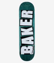 Baker Brand Logo B2 CC 8.5" Skateboard Deck, full bottom view showing teal-stained wood grain base with stacked white block-letter logo panels outlined in black reading "Baker Skateboards". Clean studio image; white background.