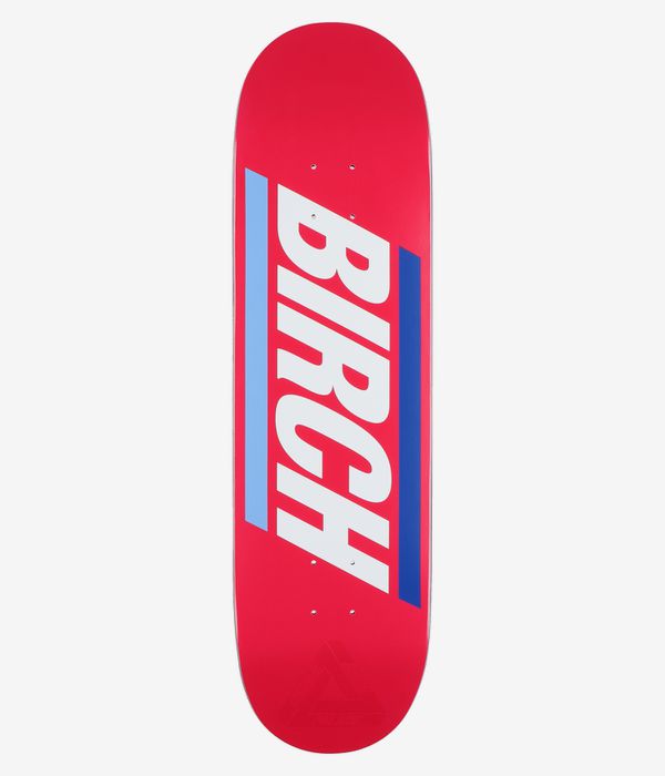 PALACE Charlie Pro S44 8.5" Skateboard Deck full bottom view — bright red deck with large diagonal white 'Palace' wordmark and parallel dark- and light-blue stripes on underside. Clean studio image; white background.