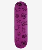 skatedeluxe Tonal Twin Tail 9" Skateboard Deck full bottom view — vivid purple deck with black hand-drawn doodles: stars, spirals, sunburst faces and handwritten “skate deluxe” text. Clean studio image; white background.