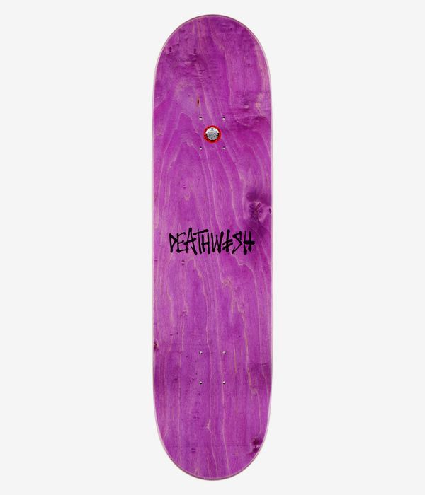 Deathwish Ellington Classic V2 8.475" Skateboard Deck, full top view: purple-stained woodgrain surface with centered black stylized "Deathwish" wordmark; clean studio image, white background.