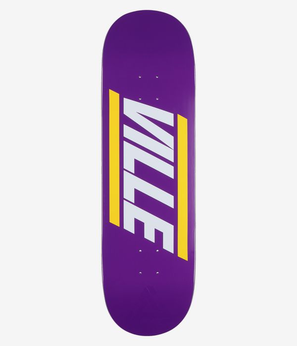 PALACE Ville Pro S44 9" Skateboard Deck full bottom view – solid purple deck with large slanted white 'Palace' wordmark down center, flanked by vertical yellow bars; clean studio image, white background.
