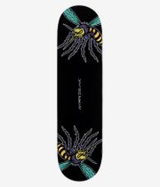 Planche de skateboard « Insect Twin Nose 8,5 pouces » de skatedeluxe, vue de dessous : planche noire unie ornée de deux motifs d'insectes en bande dessinée, symétriques, dans les tons jaune, turquoise et violet, avec l'inscription « Skate Deluxe » en lettres cursives blanches près du centre. Image de studio nette ; fond blanc.