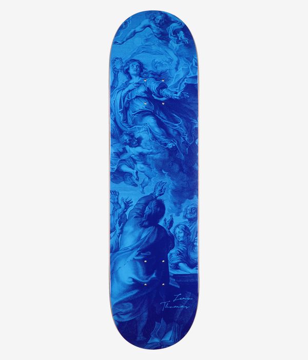 Zero Thomas 8,25"-Skateboard-Deck, Ansicht von unten: Unterseite des Decks in sattem Blau mit illustrierten klassischen Figuren und Engeln im Vintage-Stil in helleren Blautönen und Marineblau; Schriftzug „Zero Thomas“ unten rechts. Klares Studiobild; weißer Hintergrund.