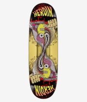 Heroin Skateboards Merged Razoregg Gold 9.75" Skateboard Deck, full bottom view showing metallic yellow-centered cartoon graphic of mirrored skull-like faces, pink brains, beige hands gripping a bloody blade, black top/bottom areas with 'Heroin' text; clean studio image; white background.