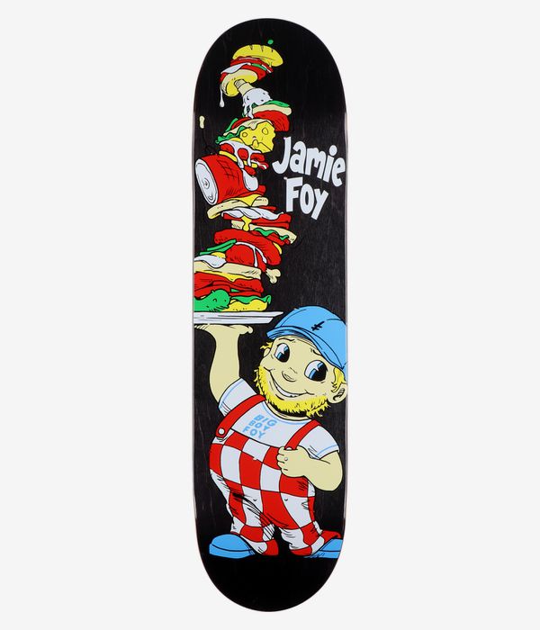 Planche de skateboard Deathwish Foy Big Boy Foy CC 8,25 pouces, vue de dessous : planche noire unie ornée d'un grand dessin coloré représentant un serveur tenant un grand sandwich à plusieurs étages, vêtu d'une salopette à carreaux rouges et blancs, d'une casquette bleue et portant l'inscription blanche « Jamie Foy ». Image studio nette ; fond blanc.