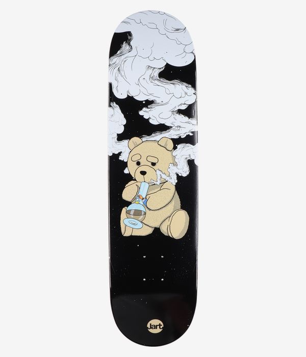 Planche de skateboard Jart Stay High Smoking Bear 8,25 pouces, vue de dessous — planche noire avec, au centre, un ours de dessin animé beige tenant un bong en verre bleu clair d'où s'échappe une fumée blanche ; logo « Jart » près du tail. Image studio nette ; fond blanc.