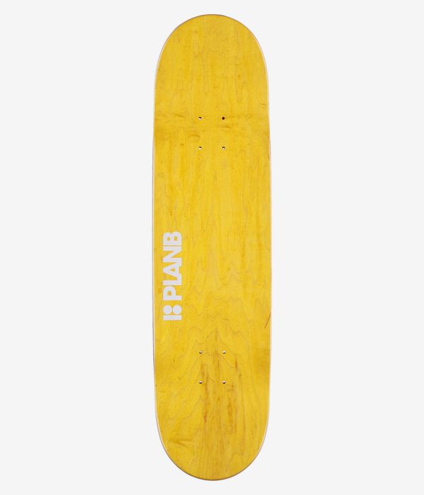 Plan B McKay Cola 8,25"-Skateboard-Deck, Ansicht von oben: massives, leuchtend gelbes Deck in Holzoptik mit kleinem, vertikalem, weißem „PLANB“-Logo nahe der Mitte links. Klares Studiofoto; weißer Hintergrund.