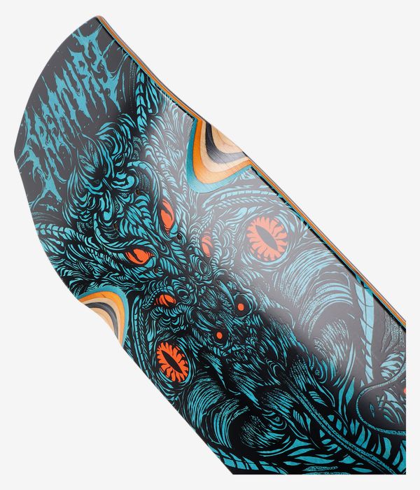 Gros plan sur la planche de skateboard « Creature Hitz Cobra Pro 9" », montrant une surface noire ornée de lignes illustrées turquoise, de motifs d'yeux orange, d'anneaux crème et d'un graphisme inspiré de crânes et de serpents. Image de studio épurée ; fond blanc.