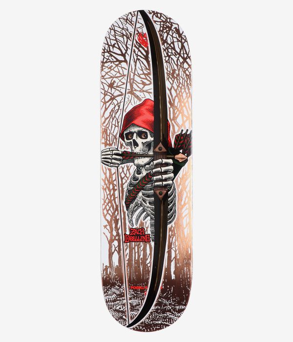Powell-Peralta Doelling Archer Flight Shape 313 8.75" Skateboard Deck, full bottom view: white deck with brown wood-grain tree pattern, illustrated hooded skeleton archer with black bow, red hood and logo, green arrow accents. Clean Studio image; white background.