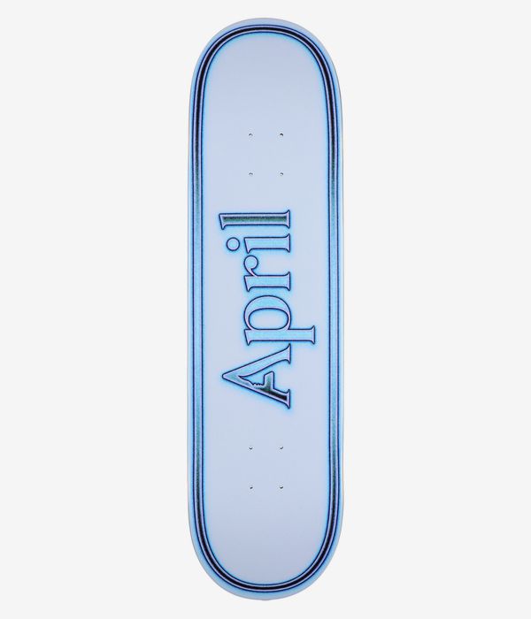 April OG Logo 8,38" Skateboard-Deck, Ansicht von unten: blasshellblaues Deck mit großem, mittig geprägtem, marineblauem „April“-Logo in Schriftzugoptik und dunklerer doppelter Umrandung; klares Studiobild, weißer Hintergrund.