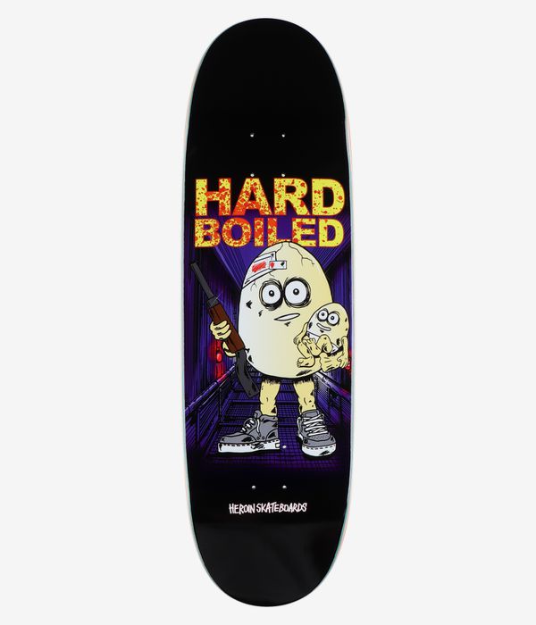 Heroin Skateboards Hard Boiled Egg 9.25" Skateboard Deck, full bottom view: black deck with centered colorful cartoon graphic—large yellow anthropomorphic egg holding a rifle and smaller egg, purple background rays, white “Hard Boiled” and “Heroin Skateboards” text. Clean Studio image; white background.